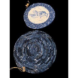 2 Handmade Blue Rooster Fabric Rope Trivets Hot Pads Rustic Farmhouse Cottage